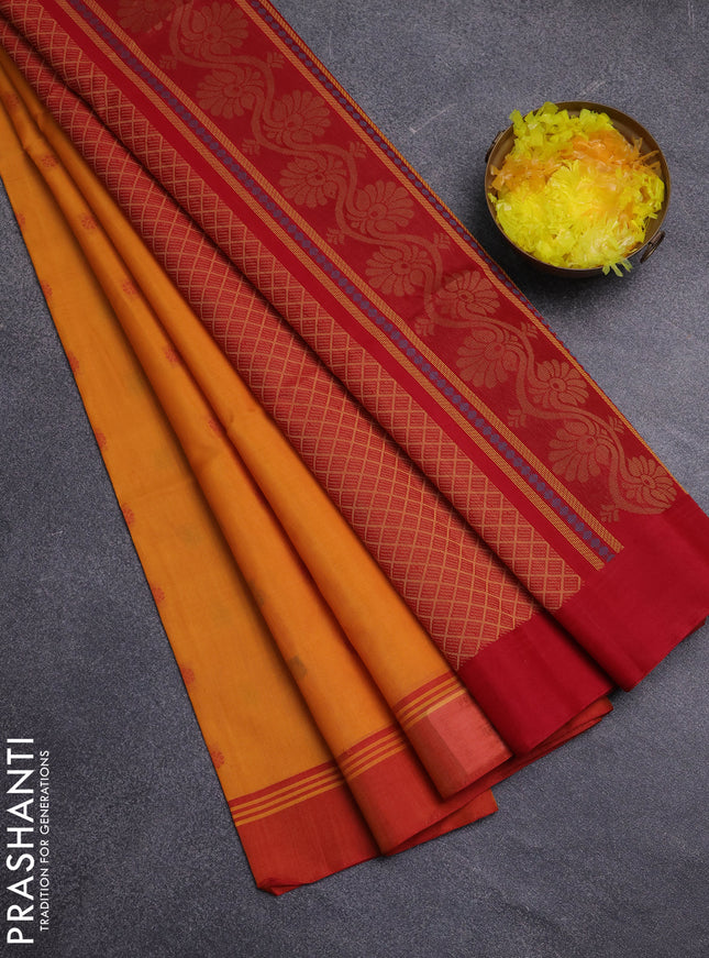 Kora silk cotton saree mustard yellow and red with allover thread woven buttas and simple border