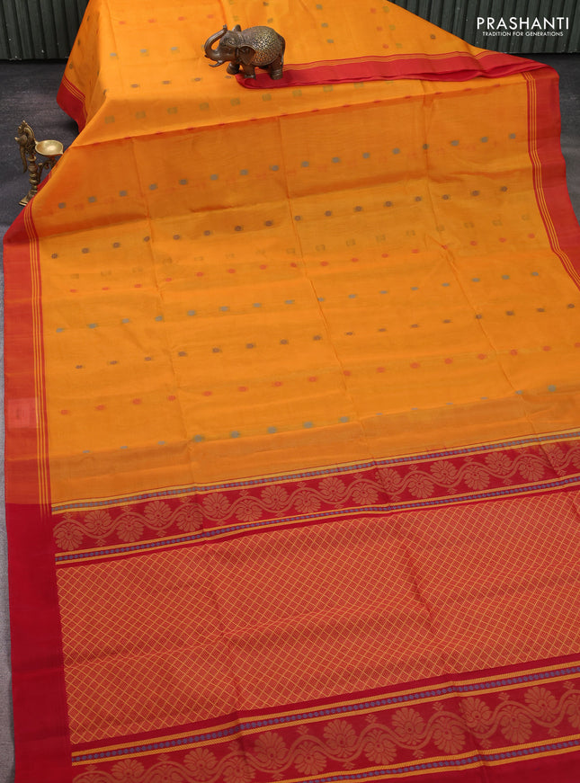Kora silk cotton saree mustard yellow and red with allover thread woven buttas and simple border