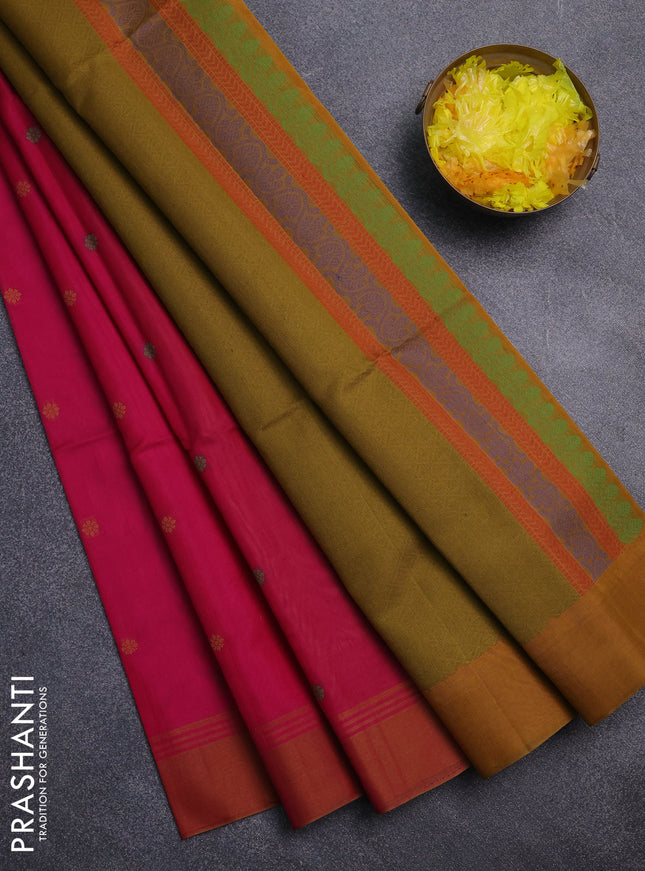 Kora silk cotton saree pink and dark mustard with allover thread woven buttas and simple border