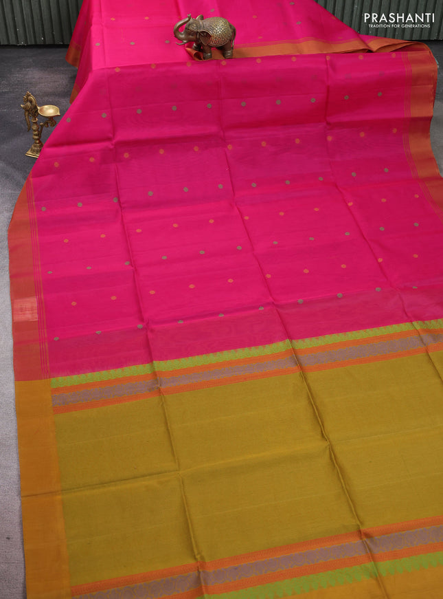 Kora silk cotton saree pink and dark mustard with allover thread woven buttas and simple border