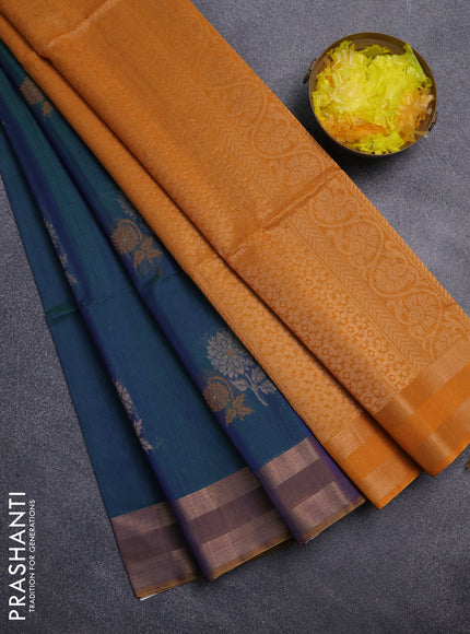 Kora silk cotton saree dual shade of bluish green and mustard yellow with thread & zari woven buttas and rettapet zari woven border