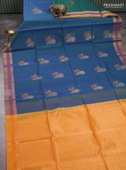 Kora silk cotton saree dual shade of bluish green and mustard yellow with thread & zari woven buttas and rettapet zari woven border