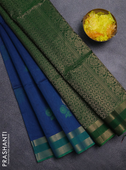Kora silk cotton saree peacock blue and green with thread & zari woven buttas and rettapet zari woven border