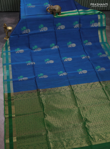 Kora silk cotton saree peacock blue and green with thread & zari woven buttas and rettapet zari woven border