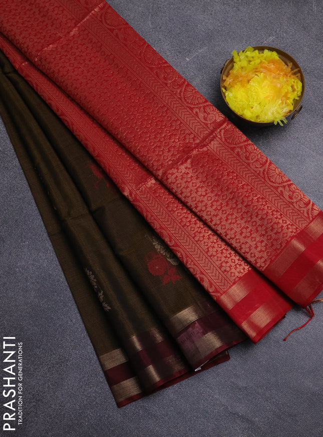 Kora silk cotton saree dark mehendi green and deep maroon with thread & zari woven buttas and rettapet zari woven border