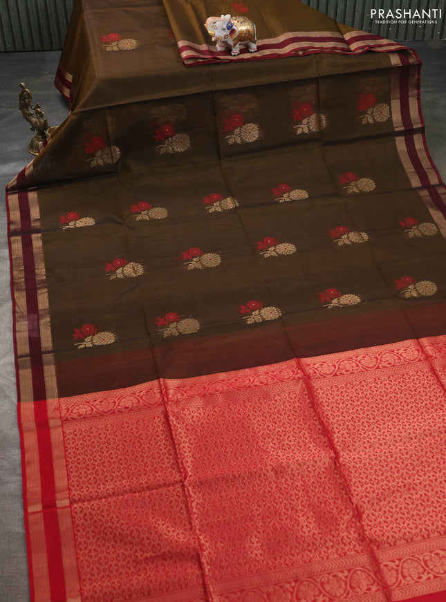 Kora silk cotton saree dark mehendi green and deep maroon with thread & zari woven buttas and rettapet zari woven border