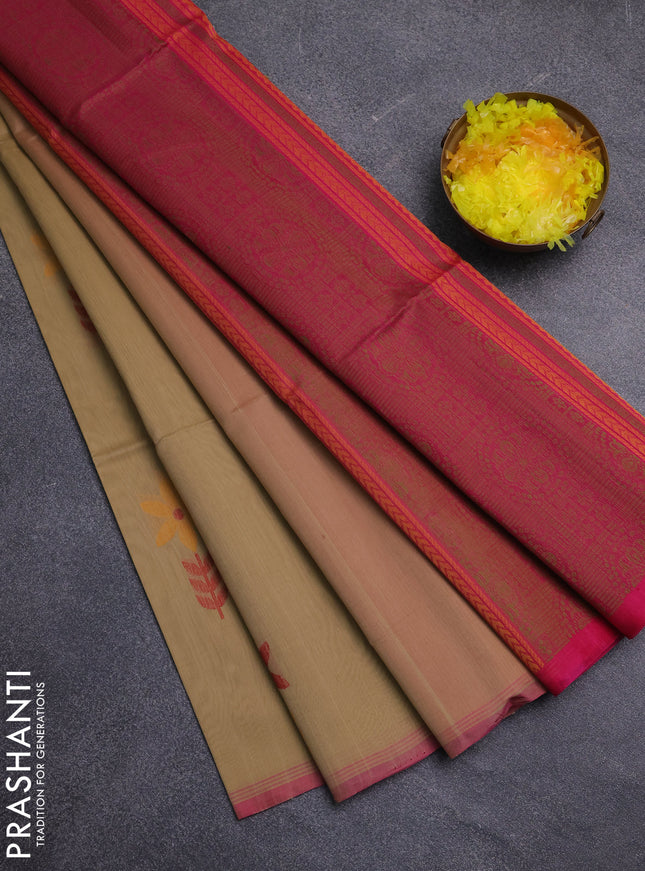 Kora silk cotton saree sandal and pink with thread woven buttas and piping border