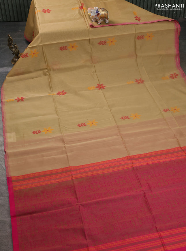 Kora silk cotton saree sandal and pink with thread woven buttas and piping border