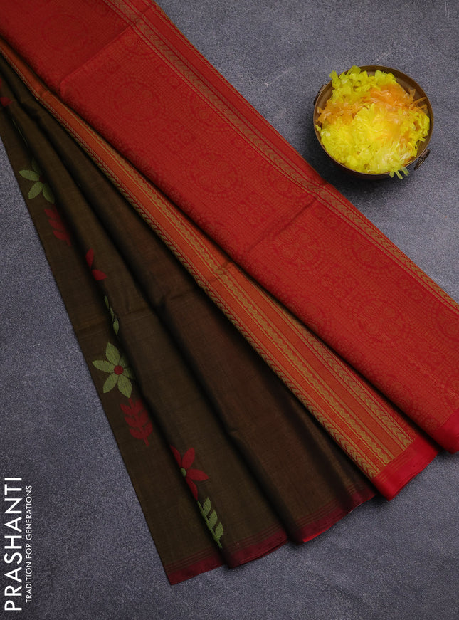 Kora silk cotton saree mehendi green and dual shade of red with thread woven buttas and piping border