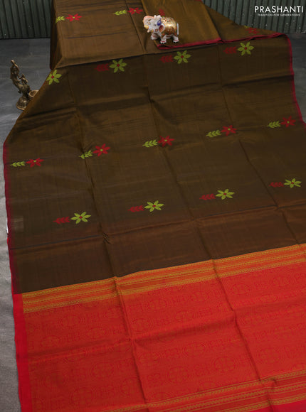 Kora silk cotton saree mehendi green and dual shade of red with thread woven buttas and piping border