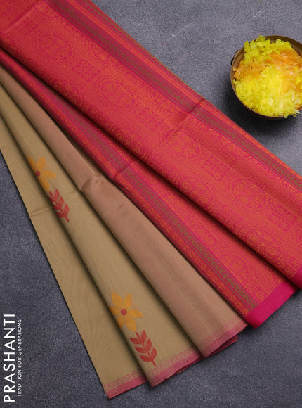 Kora silk cotton saree sandal and pink with thread woven buttas and piping border