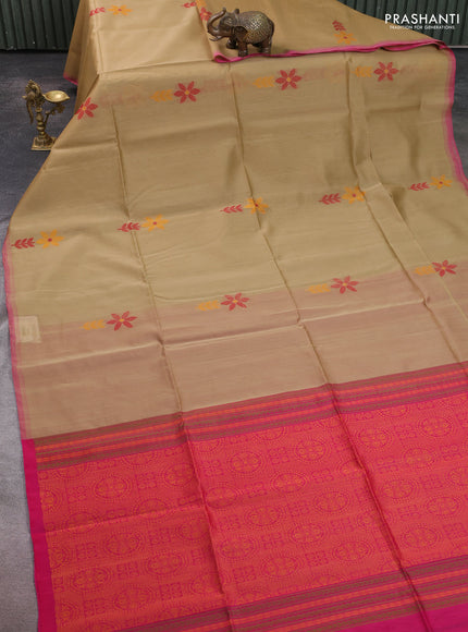Kora silk cotton saree sandal and pink with thread woven buttas and piping border
