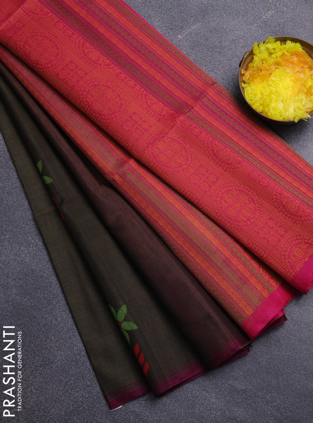 Kora silk cotton saree olive green and pink with thread woven buttas and piping border