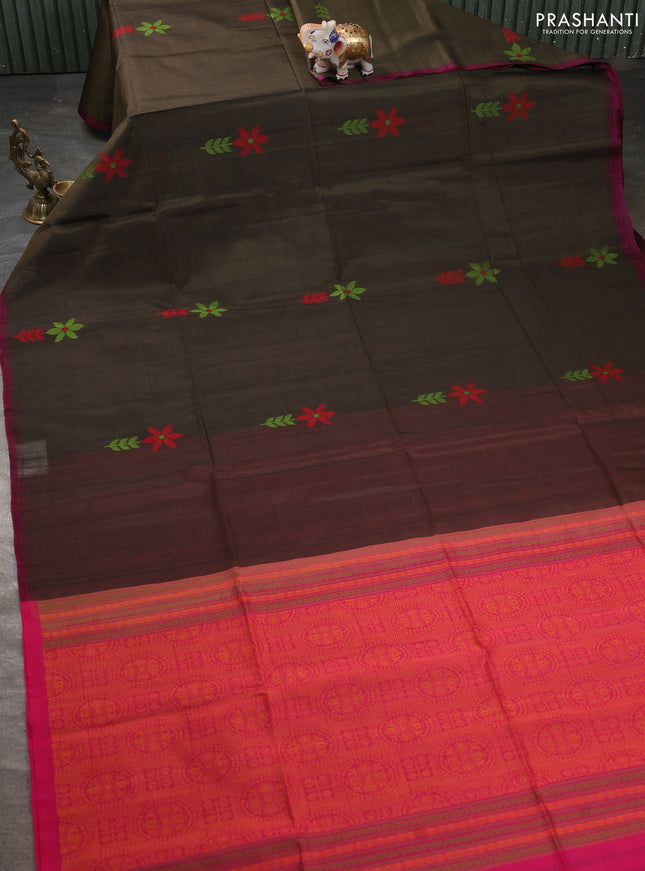 Kora silk cotton saree olive green and pink with thread woven buttas and piping border