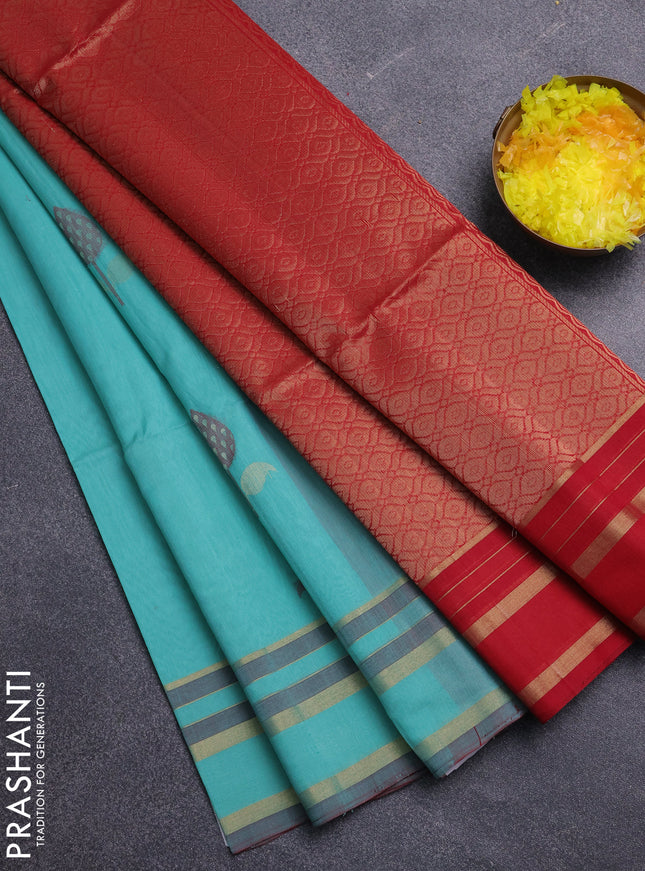 Kora silk cotton saree teal green and maroon with thread & zari woven buttas and zari woven border