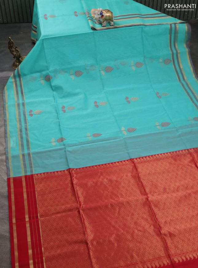 Kora silk cotton saree teal green and maroon with thread & zari woven buttas and zari woven border