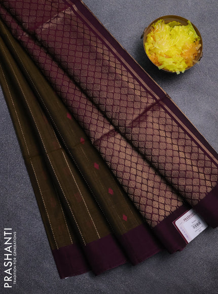Kora silk cotton saree mehendi green and dual shade of pink with allover zari stripe pattern & thread woven buttas and simple border