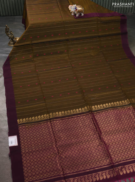 Kora silk cotton saree mehendi green and dual shade of pink with allover zari stripe pattern & thread woven buttas and simple border