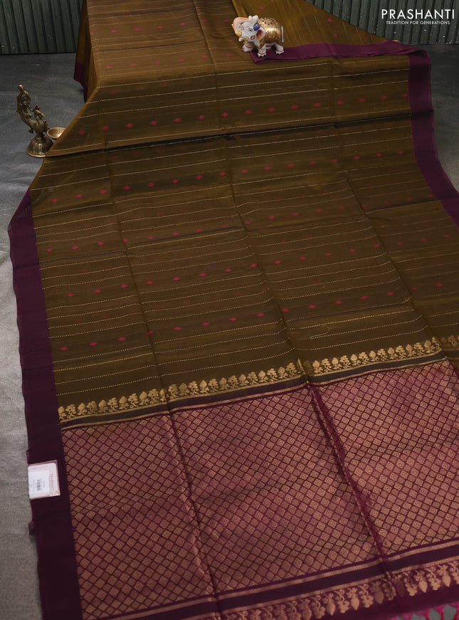 Kora silk cotton saree mehendi green and dual shade of pink with allover zari stripe pattern & thread woven buttas and simple border