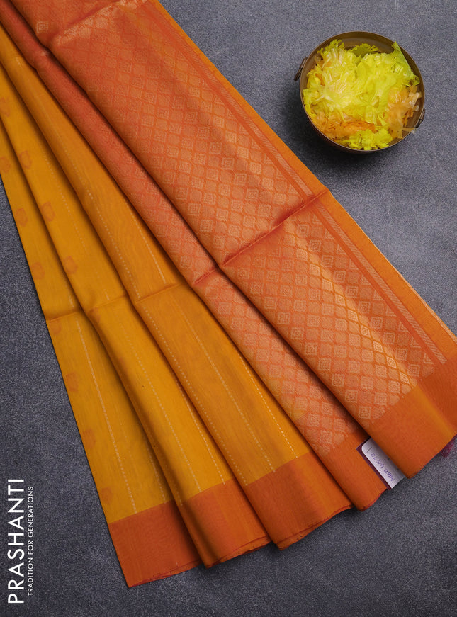 Kora silk cotton saree yellow and dual shade of pink with allover zari stripe pattern & thread woven buttas and simple border