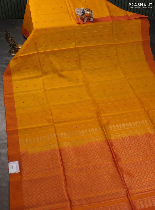 Kora silk cotton saree yellow and dual shade of pink with allover zari stripe pattern & thread woven buttas and simple border