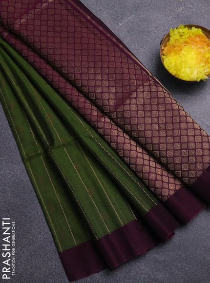 Kora silk cotton saree green and magenta pink with allover zari stripe pattern & thread woven buttas and simple border