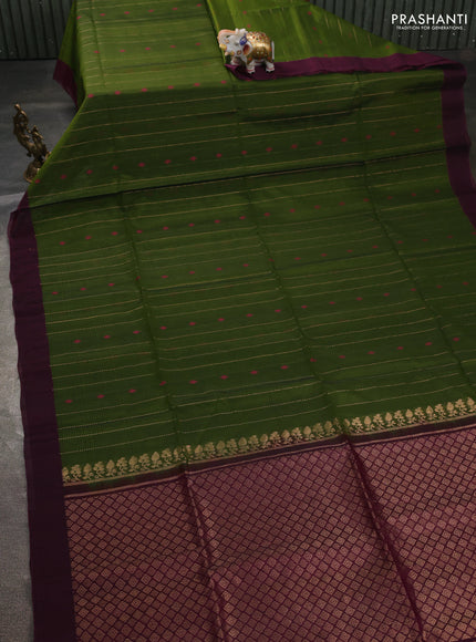 Kora silk cotton saree green and magenta pink with allover zari stripe pattern & thread woven buttas and simple border