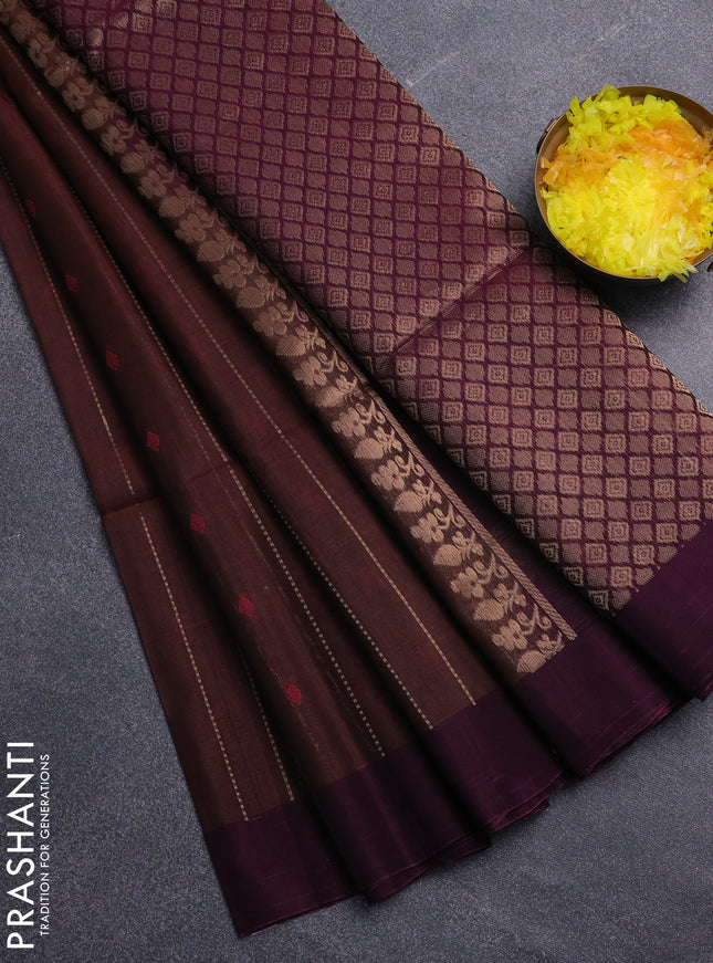 Kora silk cotton saree coffee brown and purple with allover zari stripe pattern & thread woven buttas and simple border