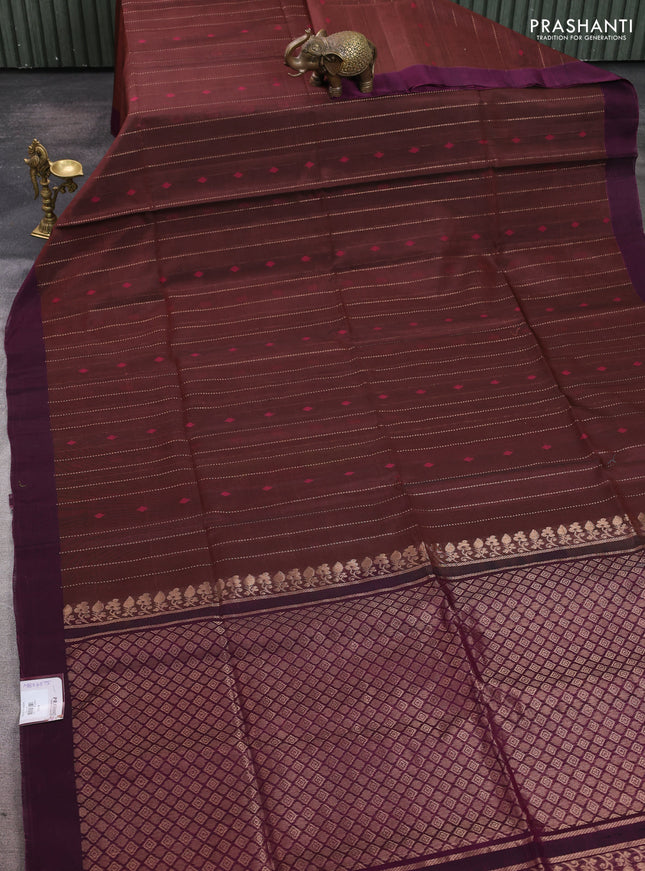 Kora silk cotton saree coffee brown and purple with allover zari stripe pattern & thread woven buttas and simple border