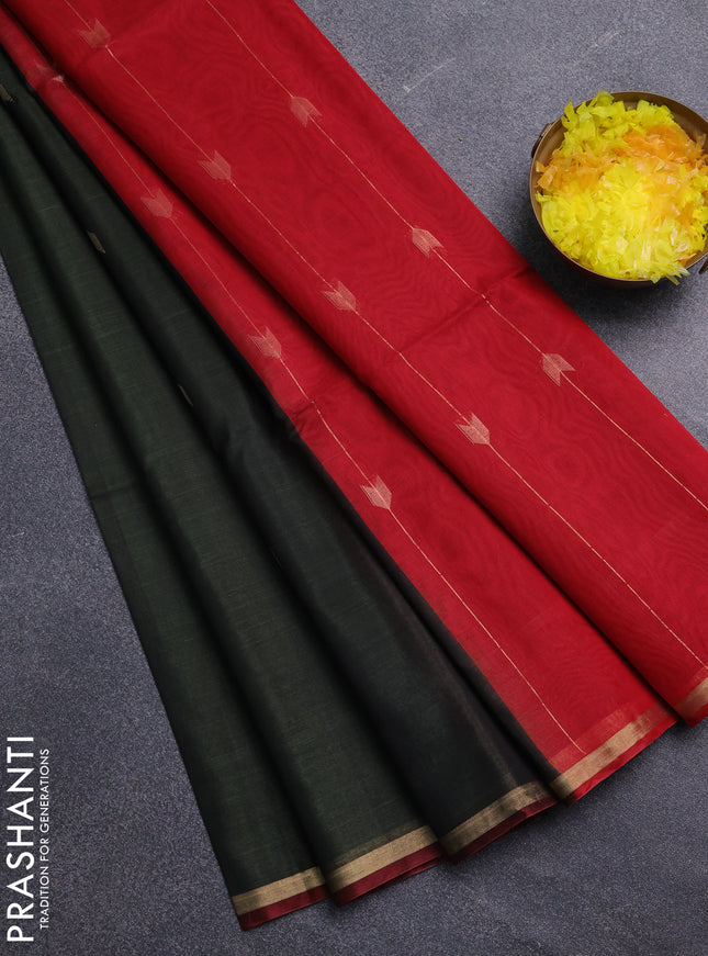 Kora silk cotton saree olive green and red with zari woven buttas and small zari woven border
