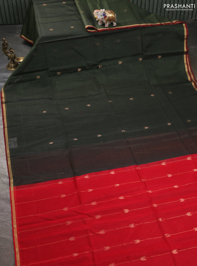 Kora silk cotton saree olive green and red with zari woven buttas and small zari woven border