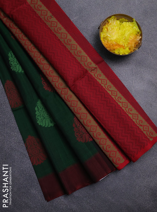 Kora silk cotton saree green and red with thread woven buttas and simple border