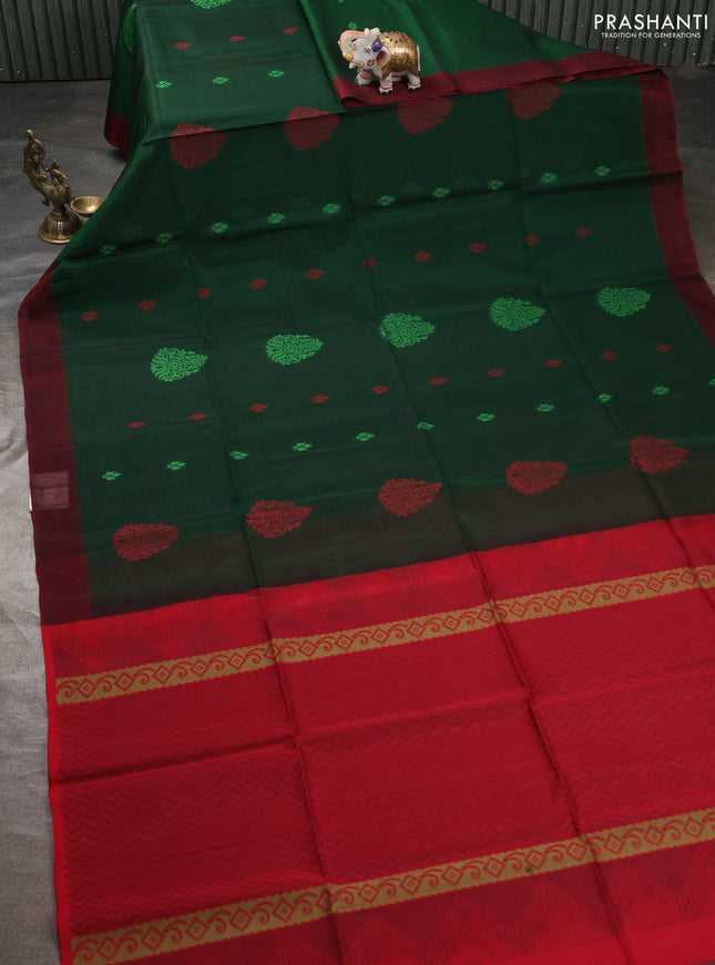 Kora silk cotton saree green and red with thread woven buttas and simple border