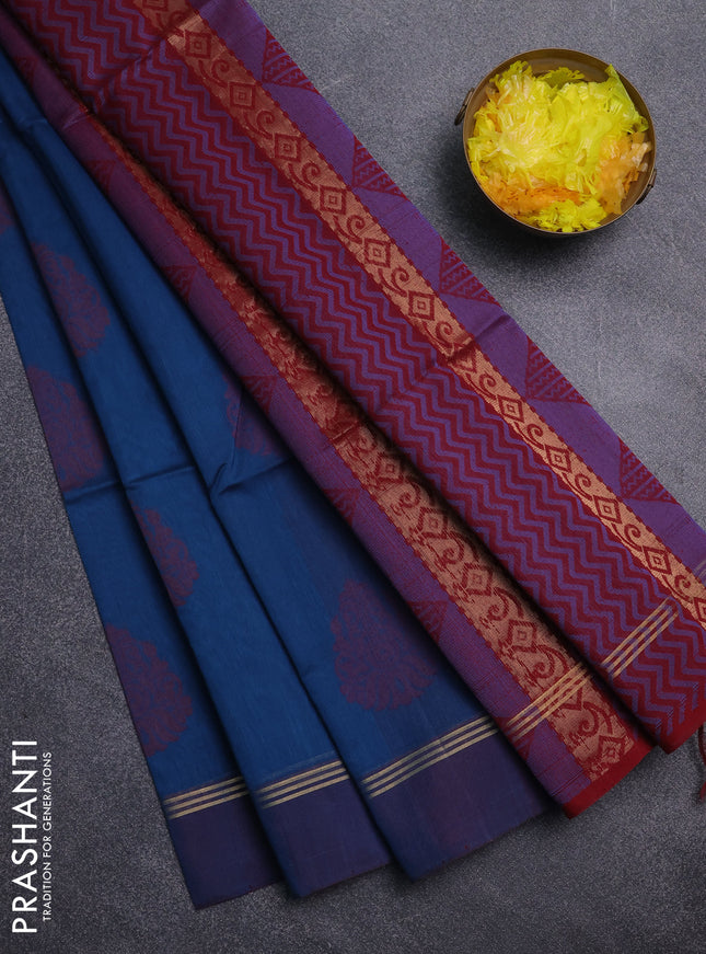 Kora silk cotton saree peacock blue and maroon with thread & zari woven buttas and zari woven simple border
