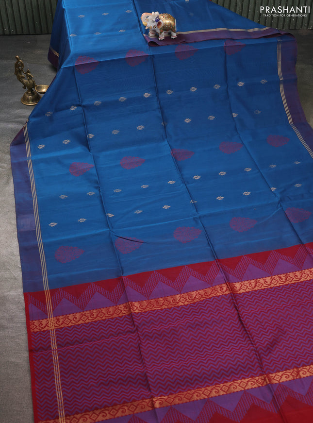 Kora silk cotton saree peacock blue and maroon with thread & zari woven buttas and zari woven simple border