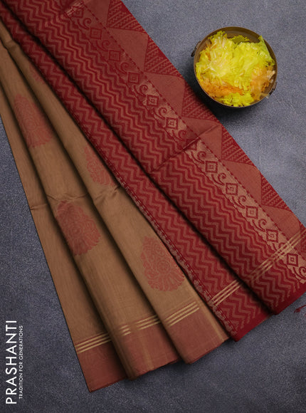 Kora silk cotton saree sandal and deep maroon with thread & zari woven buttas and zari woven simple border