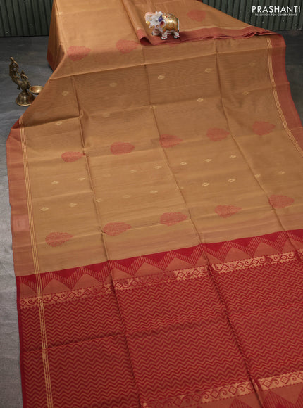 Kora silk cotton saree sandal and deep maroon with thread & zari woven buttas and zari woven simple border