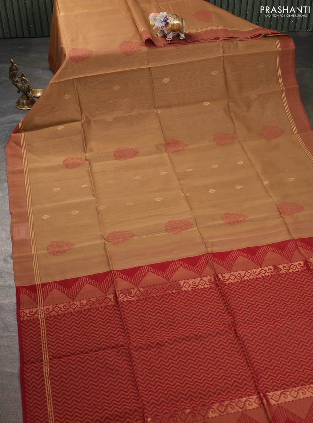 Kora silk cotton saree sandal and deep maroon with thread & zari woven buttas and zari woven simple border