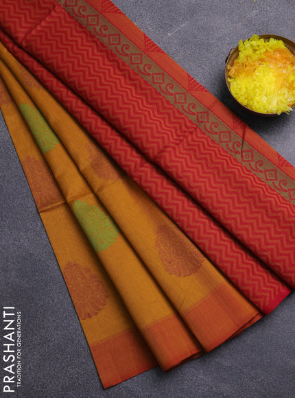 Kora silk cotton saree mustard yellow and dual shde of red with thread & zari woven buttas and simple border