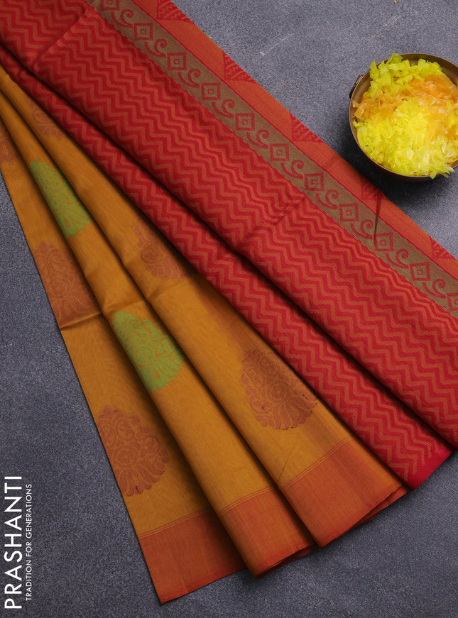 Kora silk cotton saree mustard yellow and dual shde of red with thread & zari woven buttas and simple border
