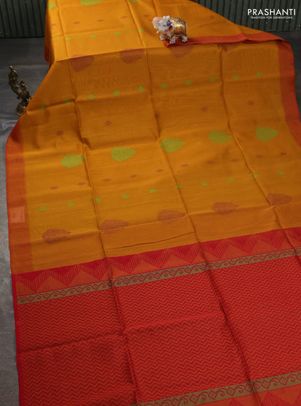 Kora silk cotton saree mustard yellow and dual shde of red with thread & zari woven buttas and simple border