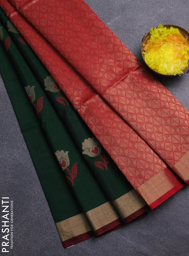 Kora silk cotton saree bottle green and maroon with floral zari woven buttas and zari woven border