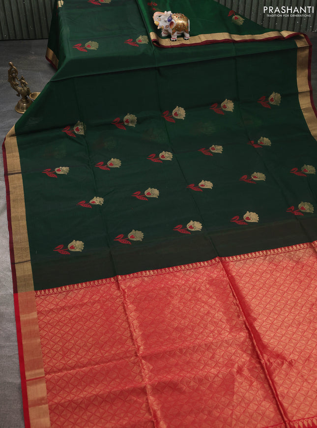 Kora silk cotton saree bottle green and maroon with floral zari woven buttas and zari woven border