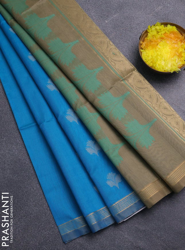 Kora silk cotton saree cs blue and beige with allover thread & zari woven buttas and zari woven border