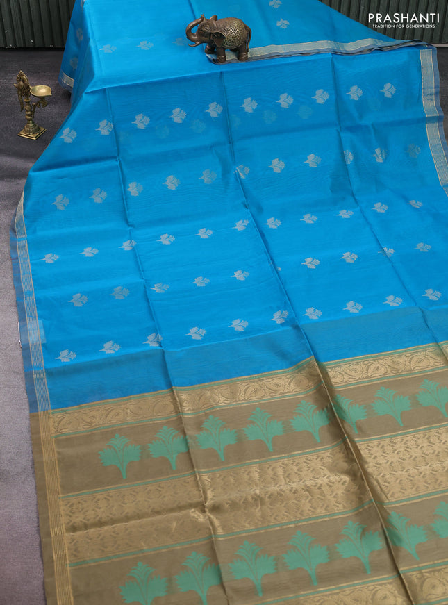 Kora silk cotton saree cs blue and beige with allover thread & zari woven buttas and zari woven border