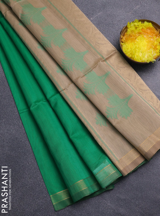 Kora silk cotton saree green and beige with allover thread & zari woven buttas and zari woven border