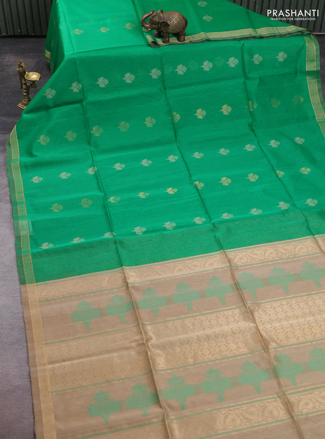 Kora silk cotton saree green and beige with allover thread & zari woven buttas and zari woven border