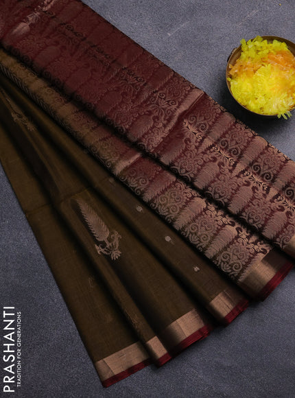 Kora silk cotton saree dark mustard and deep maroon with allover zari woven buttas and zari woven border