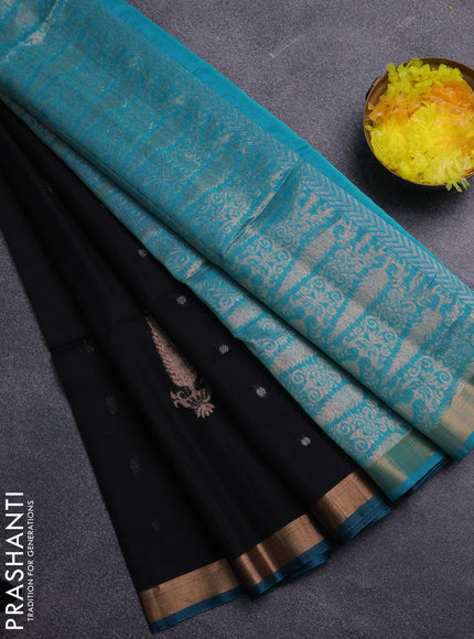 Kora silk cotton saree black and teal green with allover zari woven buttas and zari woven border