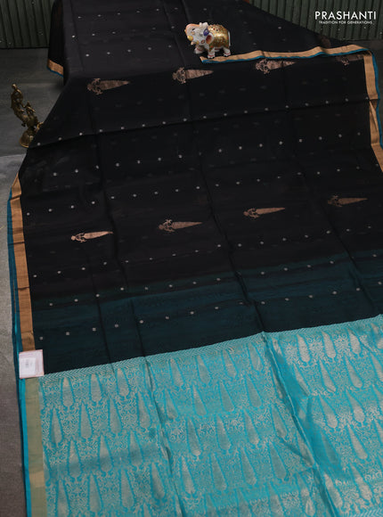 Kora silk cotton saree black and teal green with allover zari woven buttas and zari woven border
